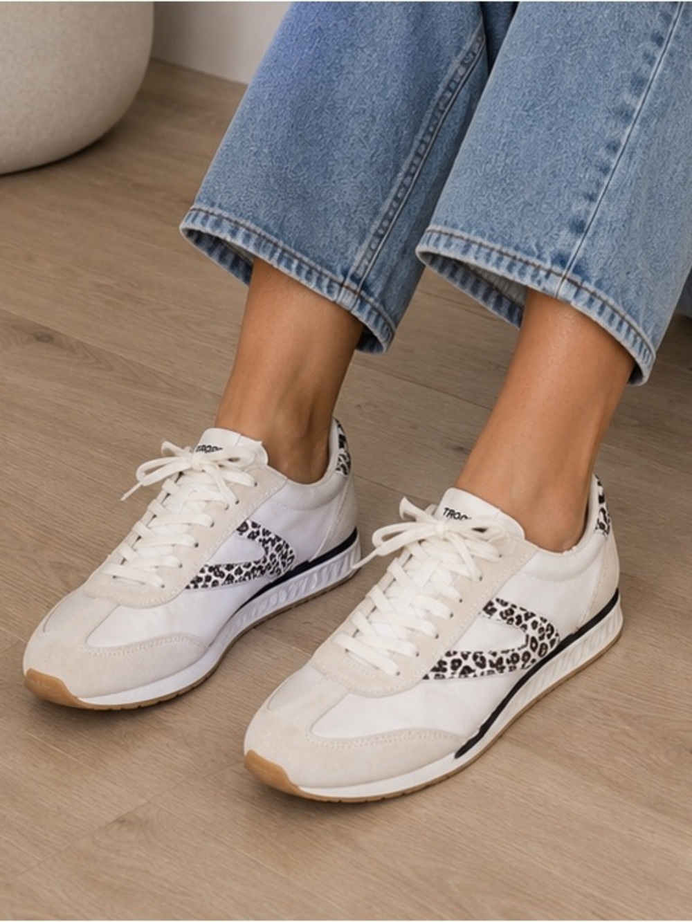 Tretorn White, Cream, and Black Leopard-Accent Athletic Sneakers